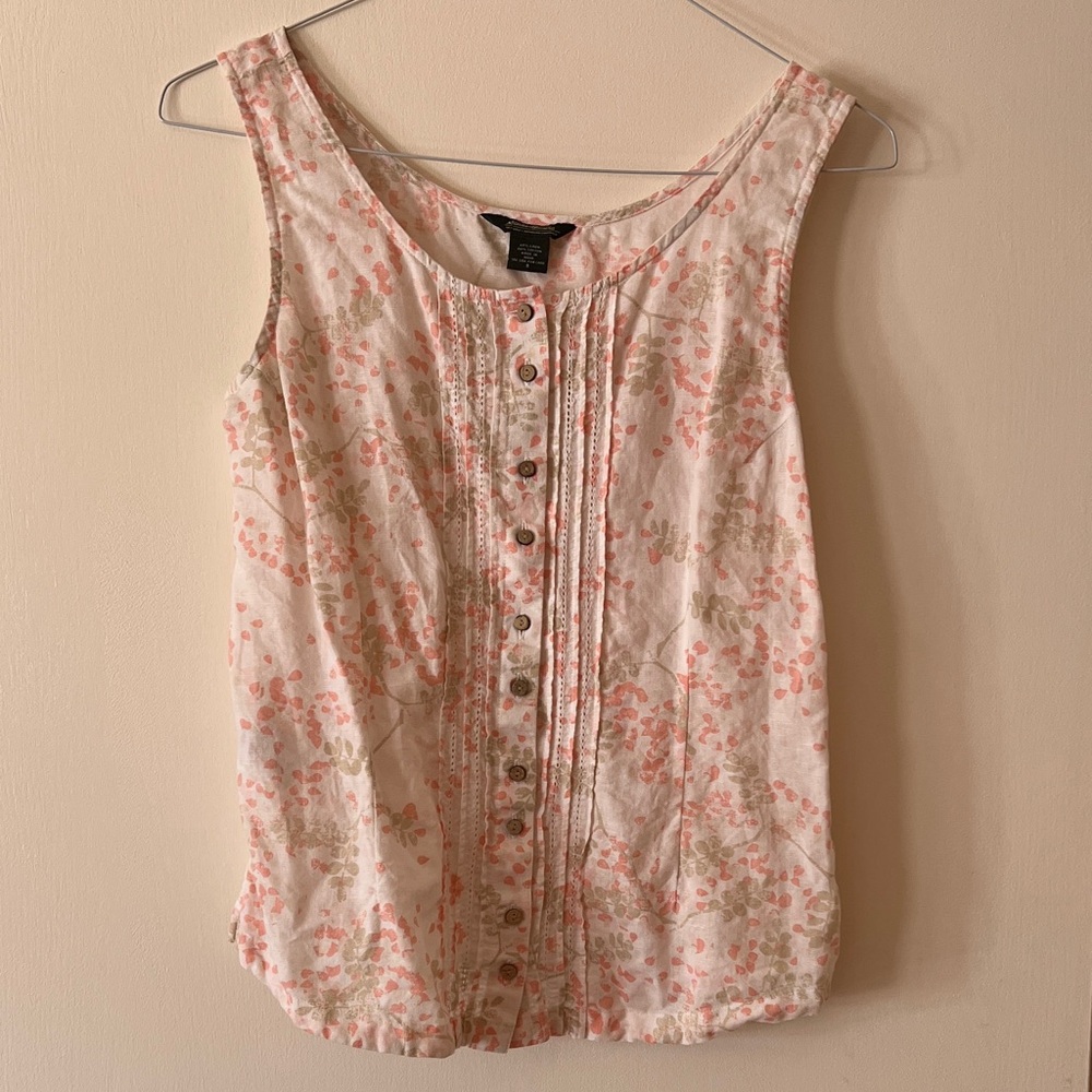 Eddie Bauer Pink Floral Button-Front Linen Sleeveless Blouse